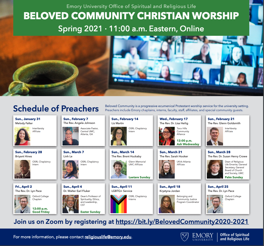 A poster of the beloved community worship's schedule of preachers