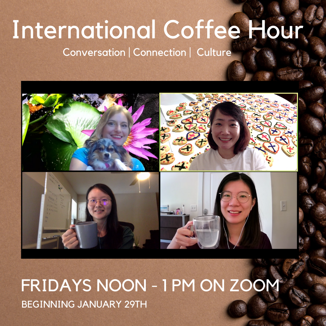 Coffee bean poster with an image of international students on a zoom chat