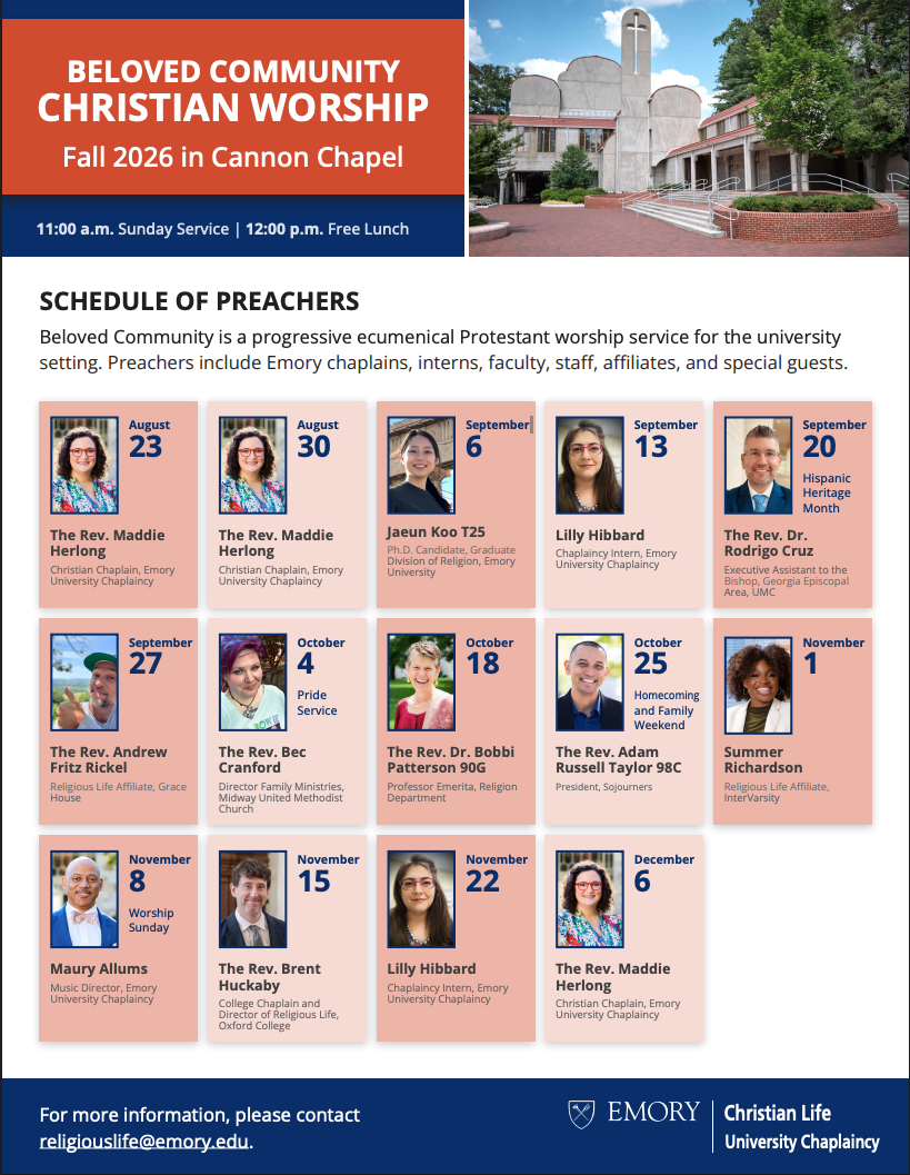 Poster of the beloved community christian worship at emory 