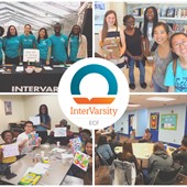 Intervarsity logo in the middle of a collage of photos