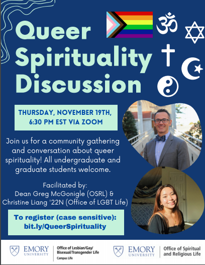 A poster entitled "Queer Spirituality Discussion"